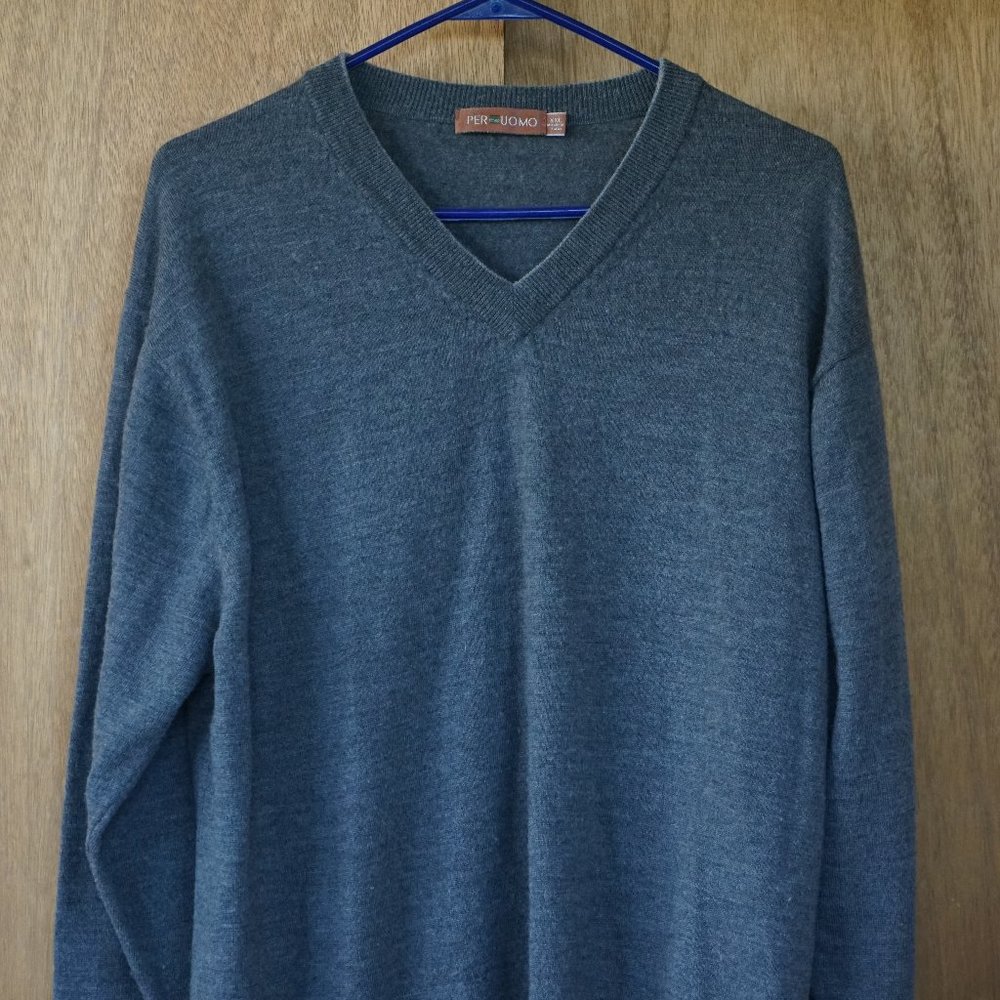 Vintage Per Me Uomo Men's XXL Gray Merino Wool V-Neck Sweater RN# 73597